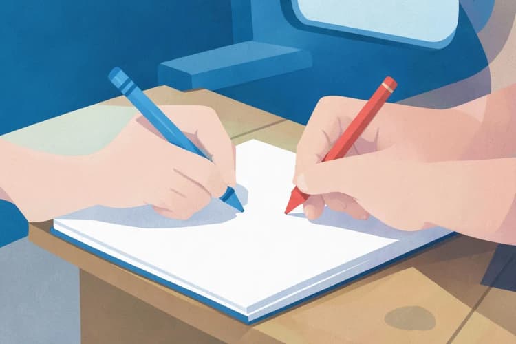 Crianças desenhando em um caderno com lápis de cor dentro de um carro.