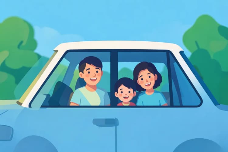 Família sorrindo enquanto olha pela janela de um carro em movimento.