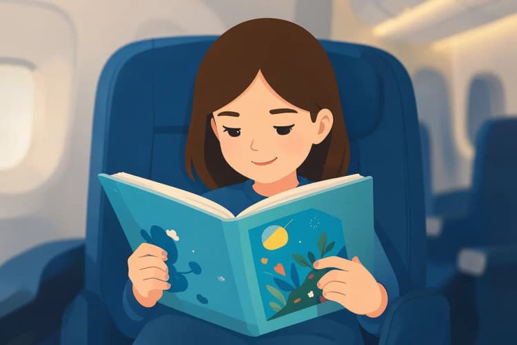 Criança lendo um livro de histórias com ilustrações coloridas em um assento de avião.
