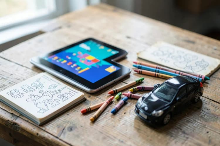 Seção 1: Um conjunto de brinquedos de viagem para crianças, como um tablet com jogos, um livro de colorir e um pequeno carro de brinquedo, dispostos sobre uma superfície de madeira.