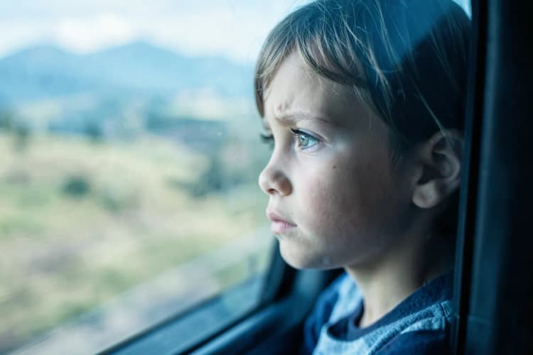 Seção 2: Uma criança olhando pela janela de um carro com uma expressão entediada, com a paisagem passando rapidamente.