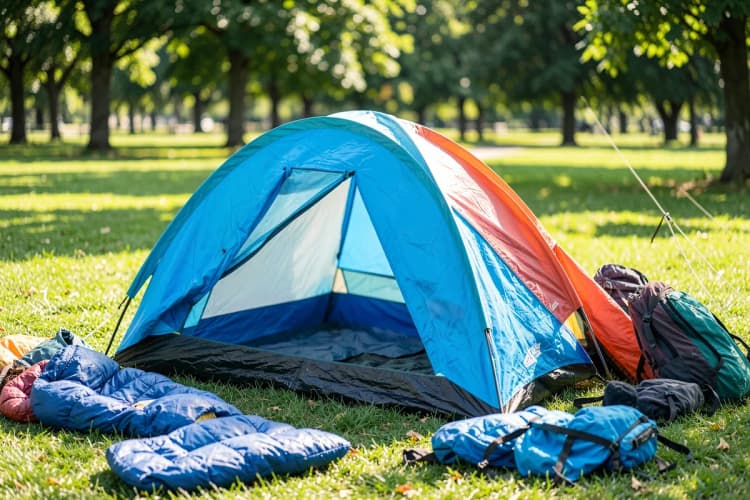 Seção 3: Uma família montando uma barraca de acampamento em um parque ensolarado, com equipamentos de camping ao redor.