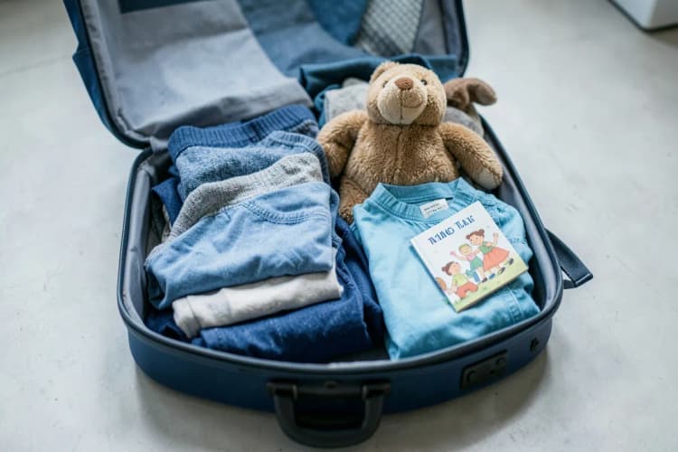 Seção 4: Uma mala de viagem aberta com roupas dobradas, um ursinho de pelúcia e um livro infantil dentro, pronta para uma aventura.