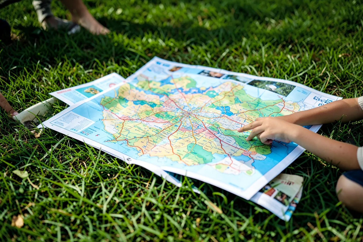 Capa: Crianças brincando com um mapa colorido em um ambiente externo ensolarado.