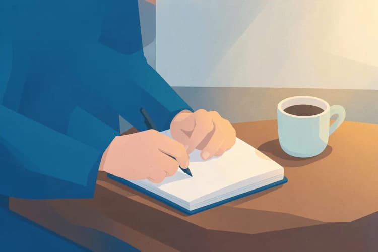Uma pessoa escrevendo em um caderno com uma caneta, com uma xícara de café ao lado.