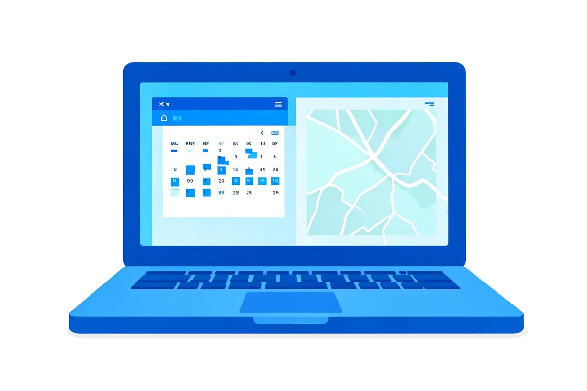 Um laptop aberto exibindo um calendário e um aplicativo de mapas.