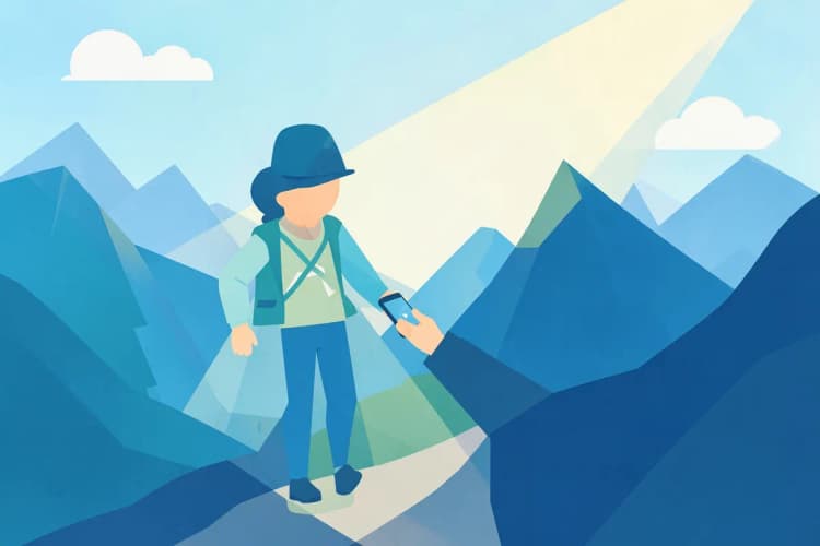 Uma pessoa usando um smartphone para navegar em um mapa durante uma caminhada.