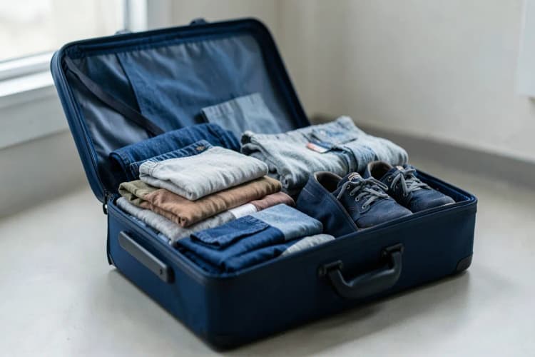 Mala de viagem aberta com roupas organizadas e itens essenciais