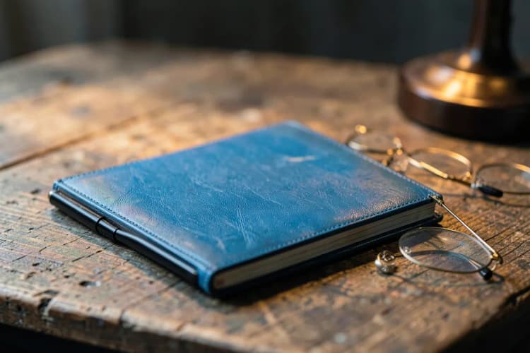 Planejador de viagem com caneta e notas sobre uma mesa de madeira