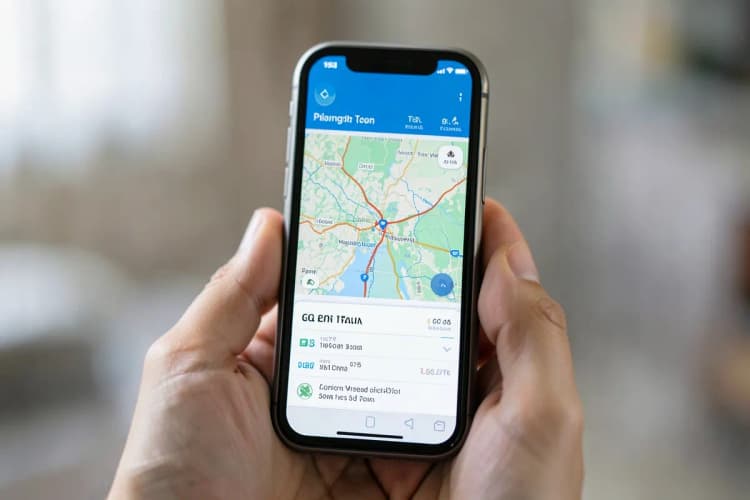 Smartphone exibindo um aplicativo de planejamento de viagem com um mapa interativo