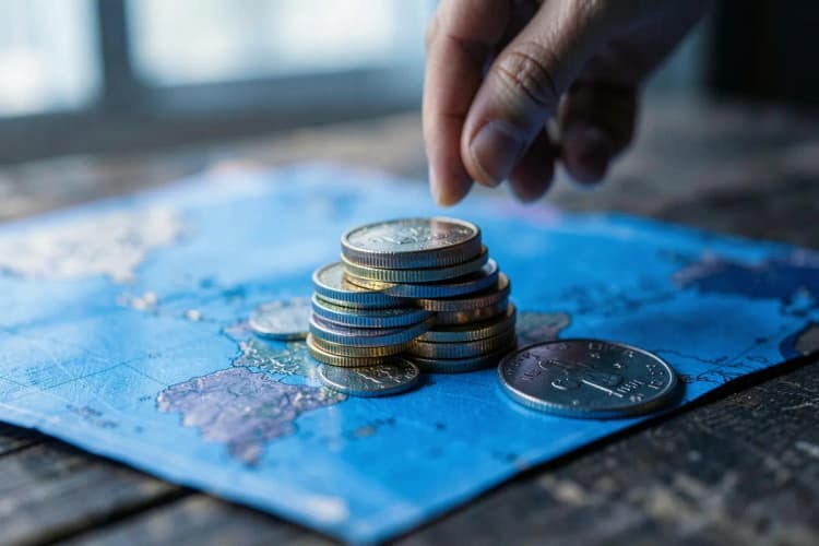 Uma pessoa empilhando moedas de diferentes valores em cima de um mapa do mundo.