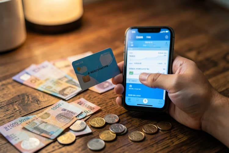 Uma mão segurando um cartão de crédito e um celular com um aplicativo de finanças aberto, sobre uma mesa com notas e moedas.