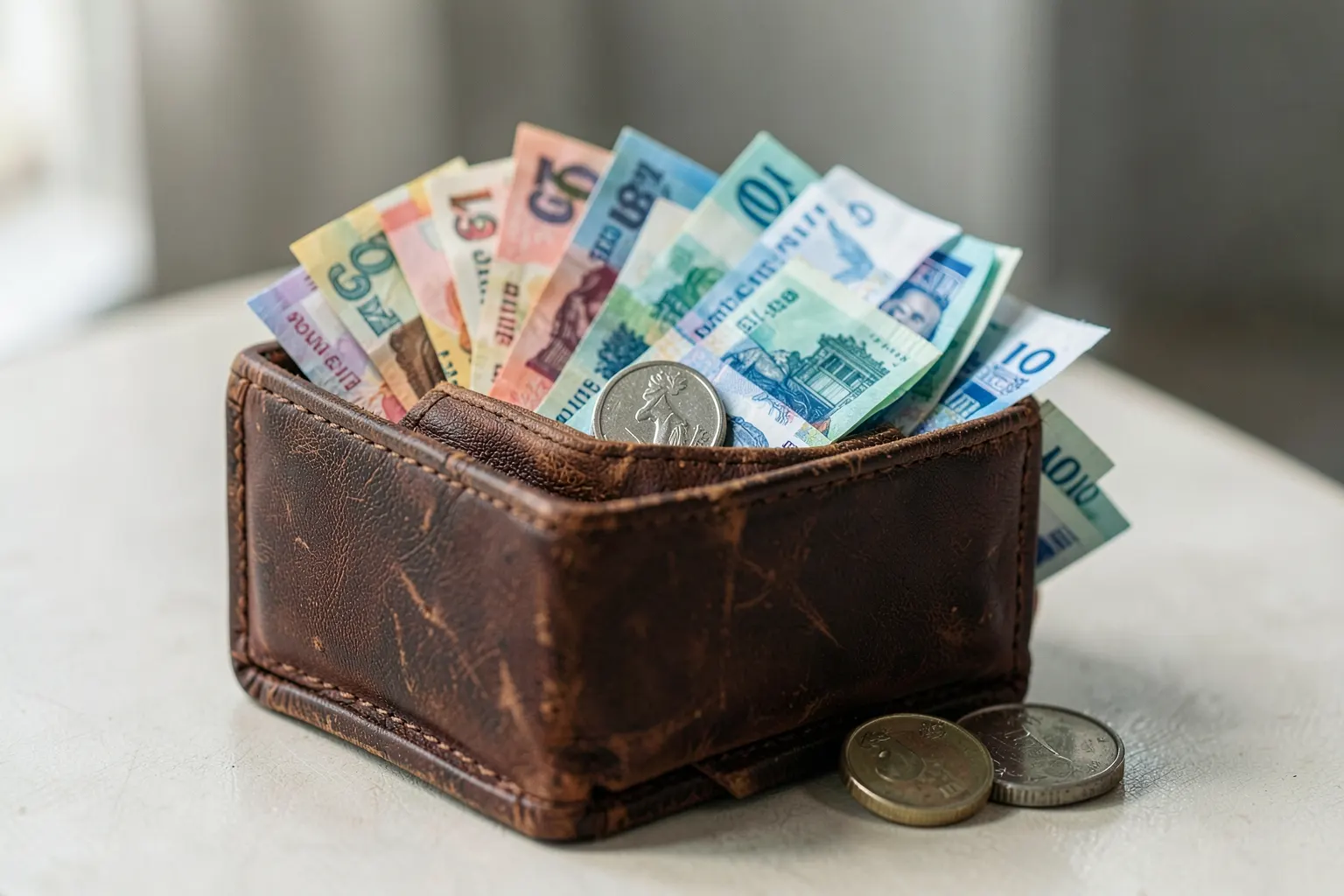 Uma carteira aberta com notas de dinheiro e moedas transbordando, sobre um fundo desfocado de um mapa do mundo.