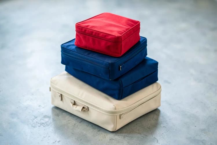 Seção 1: Uma pilha de malas de viagem de diferentes tamanhos e cores, empilhadas de forma instável, sugerindo caos.