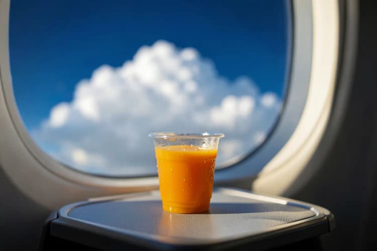 Seção 3: Janela de avião com uma nuvem vista de fora e um copo de suco na mesinha.