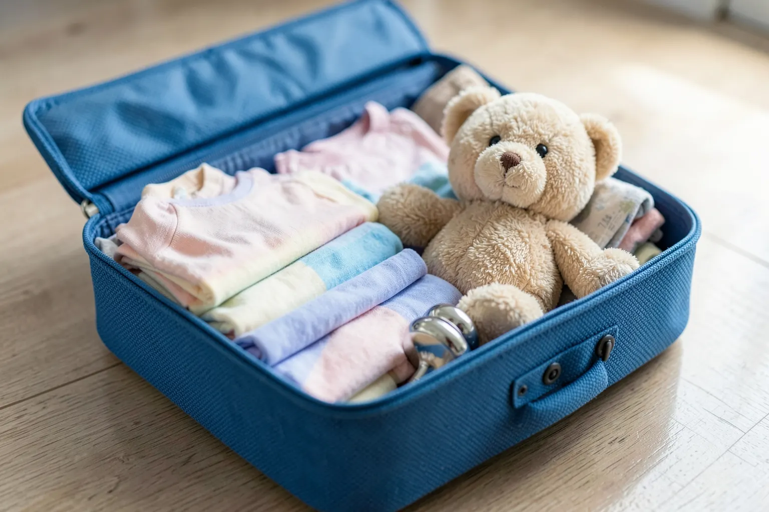 Capa: Uma mala de viagem aberta com roupas de bebê e brinquedos espalhados, sobre um fundo de madeira clara.