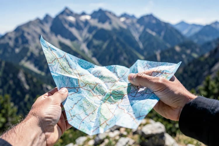 Uma pessoa olhando um mapa em um ambiente externo com paisagens montanhosas ao fundo.