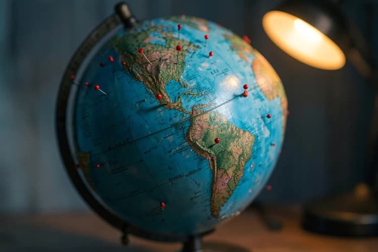 Um globo terrestre girando com marcadores de destinos em diferentes continentes.