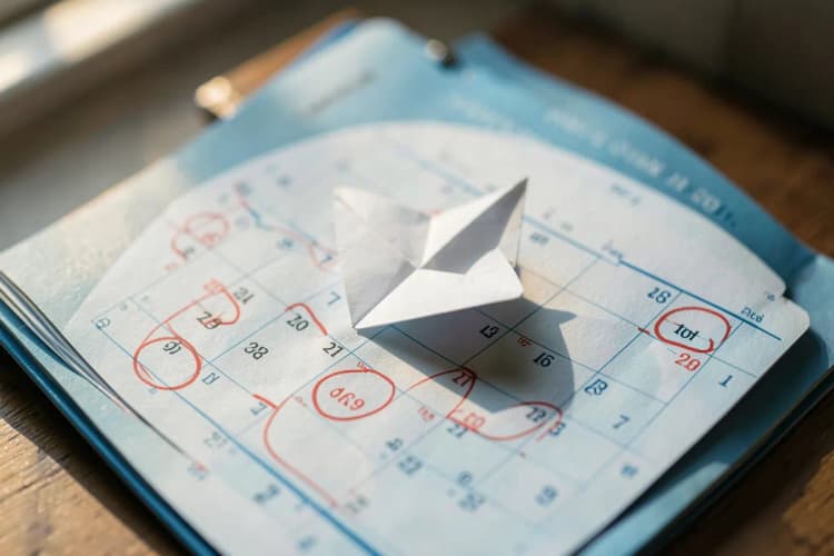 Um calendário aberto com datas marcadas e um avião de papel sobre ele.