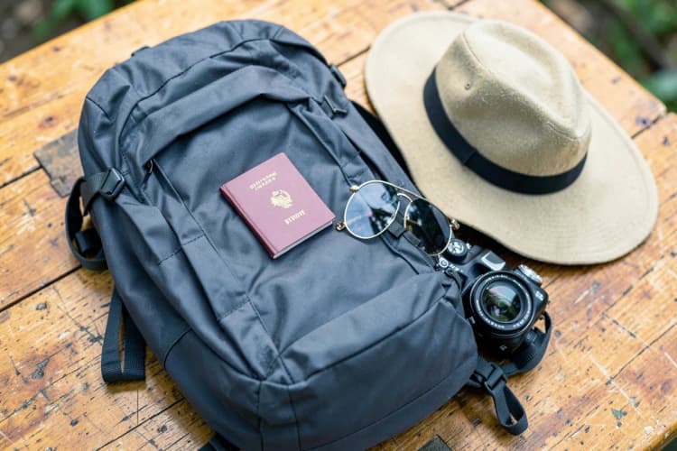 Uma mochila de viagem com itens essenciais como passaporte, câmera e um chapéu, dispostos sobre uma superfície de madeira.