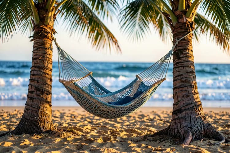 Uma pessoa relaxando em uma rede em uma praia tropical ao pôr do sol.