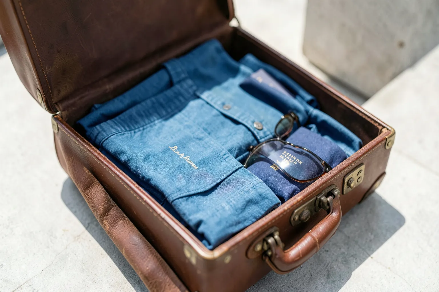 Uma mala de viagem aberta com roupas dobradas e acessórios de viagem organizados, pronta para ser fechada.