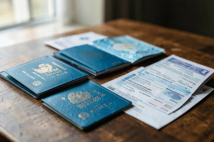 Diferentes tipos de passaportes e formulários de visto dispostos sobre uma mesa.