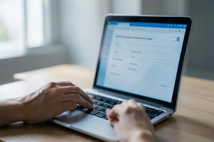 Pessoa preenchendo formulário de solicitação de visto em um computador.
