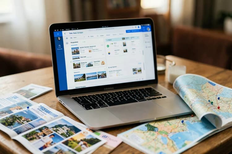 Pessoa utilizando um notebook para planejar uma viagem.