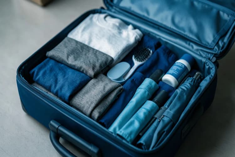 Uma mala de viagem aberta com roupas e acessórios organizados.