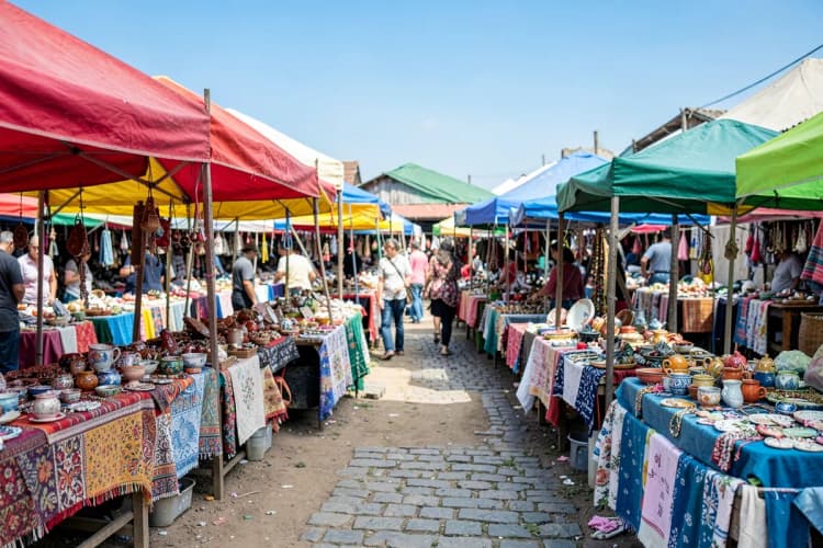 Pessoas diversas interagindo em uma feira de artesanato local, com barracas coloridas e produtos artesanais em exposição.