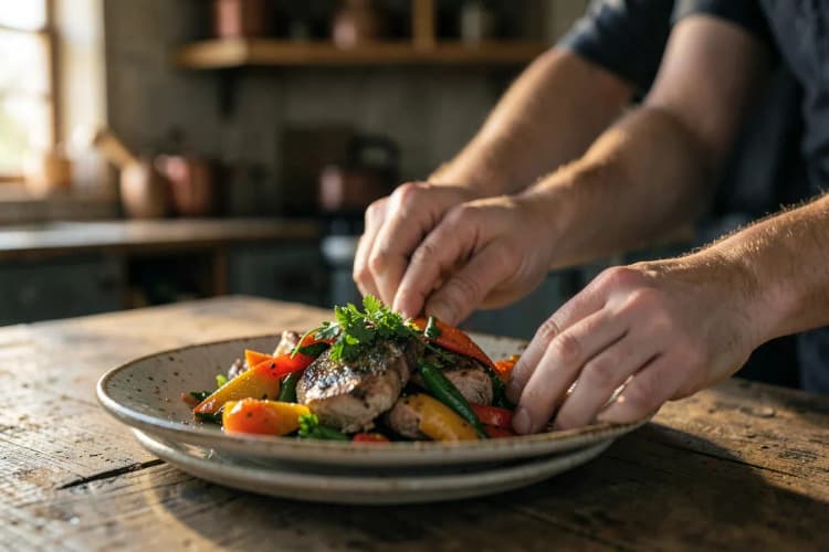 Um prato de comida tradicional sendo preparado em uma cozinha caseira, com ingredientes frescos visíveis.