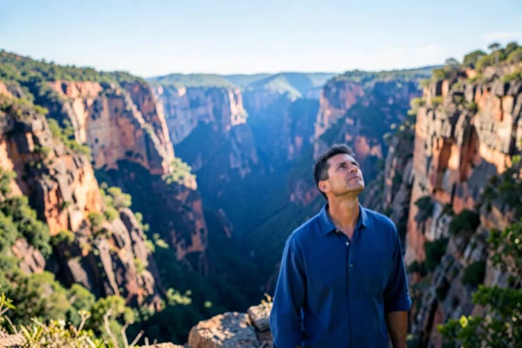 Homem sorrindo em pé em frente a uma paisagem de cânion na Chapada Diamantina