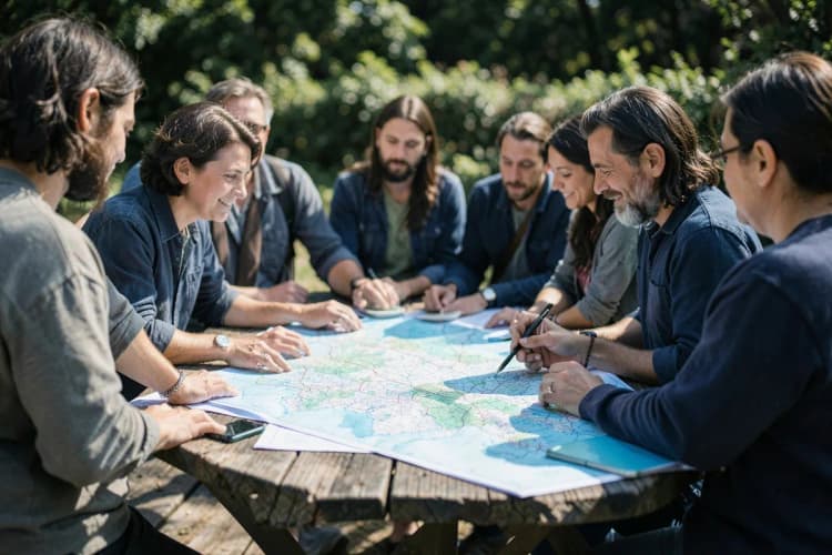 Um grupo de amigos sorrindo e olhando para um mapa em um ambiente externo.
